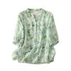 Summer High-quality Semi-open Placket Printed Cotton and Linen Shirt Women's Fresh Five-quarter Sleeve V-neck Pullover