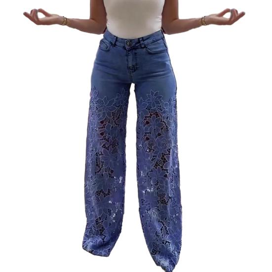Dames Jeans med blonde-lapper, avslappet baggy rett vidde, denimbukser med middels høy midje, blomstermønster, uthulede jeans
