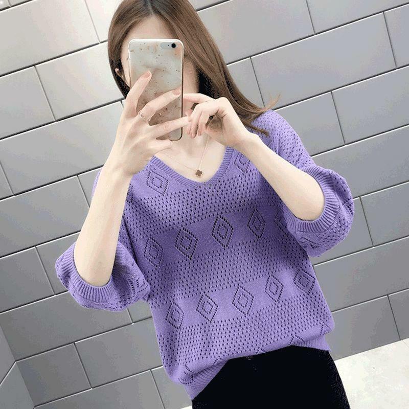 Spring and Summer V-neck Hollow Out Knitted Sweater for Women Loose Korean Version Bat Top for Women