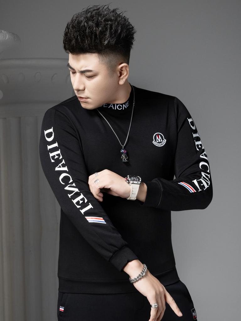 European Men's Trendy Letter Print Sweatshirt 2025 Autumn New Half-Turtleneck Base Shirt Long-Sleeve T-Shirt for Men
