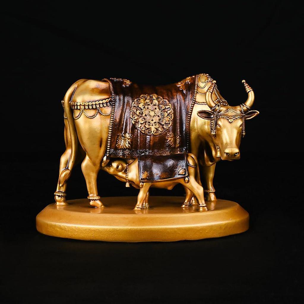Handcrafted Kamdhenu Cow and Calf Statue Kamdhenu Cow with Calf Vastu Resin Fengshui Figurine for Car Dashboard Home Deocration Gifting Good Luck