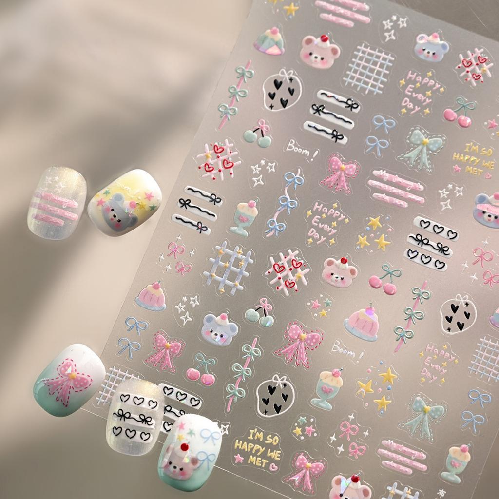 5D Pink Blue Bear Dessert Cake Pudding Candy Cane English Slogan Nail Art Stickers Cute Baby Bear Party Embossed Decals