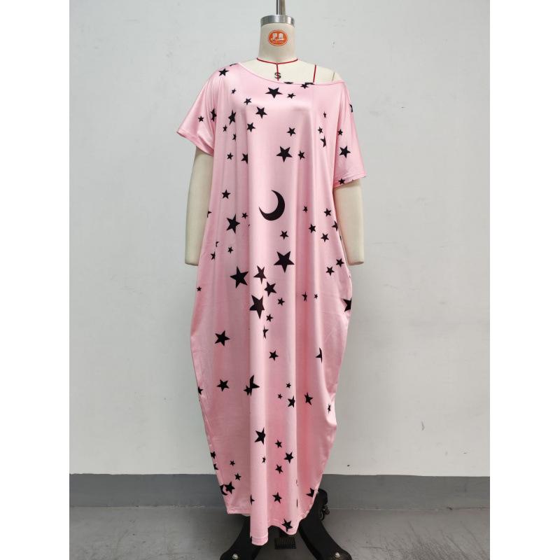 European beautiful women's 2026 summer comfortable printed long dress casual short sleeve round neck knitted dress with pocket