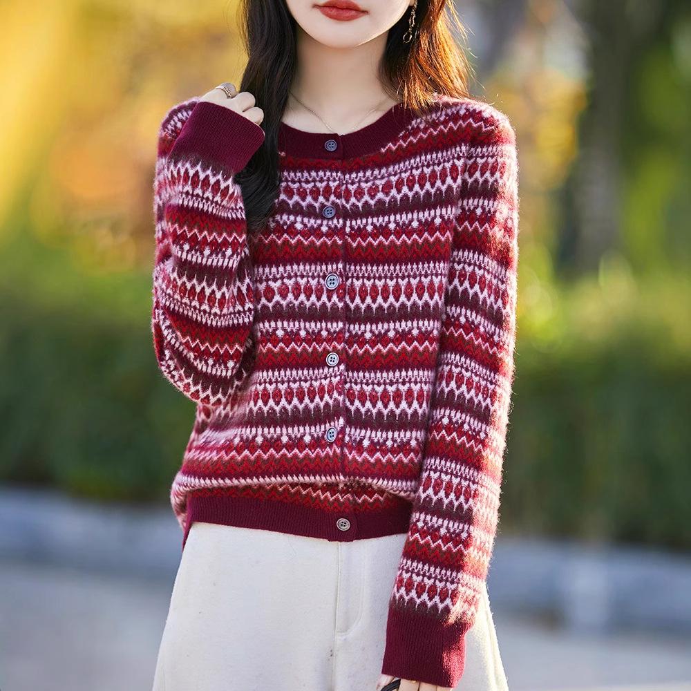 2024 Women's Wool Christmas Button-Up Round Neck Color-Block Striped Jacquard Long Sleeve Cardigan