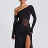Abito Lungo Sexy da Donna Europeo e Americano Monospalla Vita Piegata Trasparente Off Shoulder in Rete