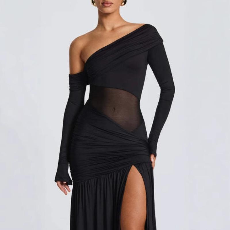 Abito Lungo Sexy da Donna Europeo e Americano Monospalla Vita Piegata Trasparente Off Shoulder in Rete