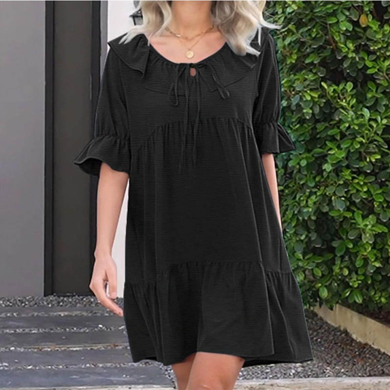 

Женская мода повседневные V-образный вырез оборки повседневные пышные платья XL чёрный