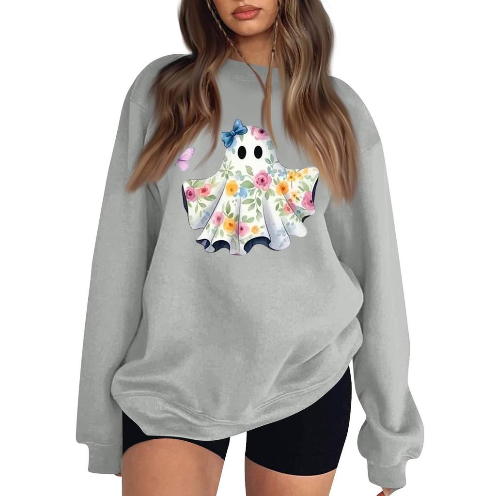 Women's Long Sleeve Neck Sweatshirt Loose Fit Casual Pullover Top, Color and Halloween Small Print