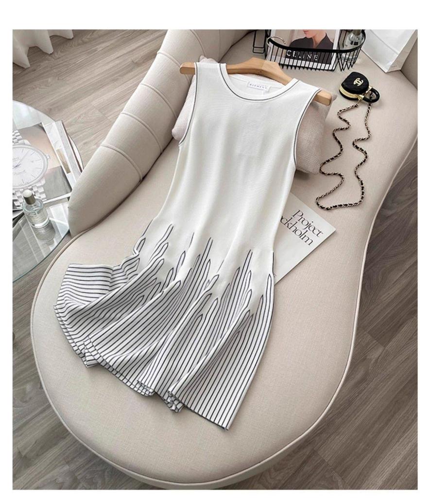 Minimalist Striped Sleeveless Knit Midi Dress with Waist-Cinching Design for Women