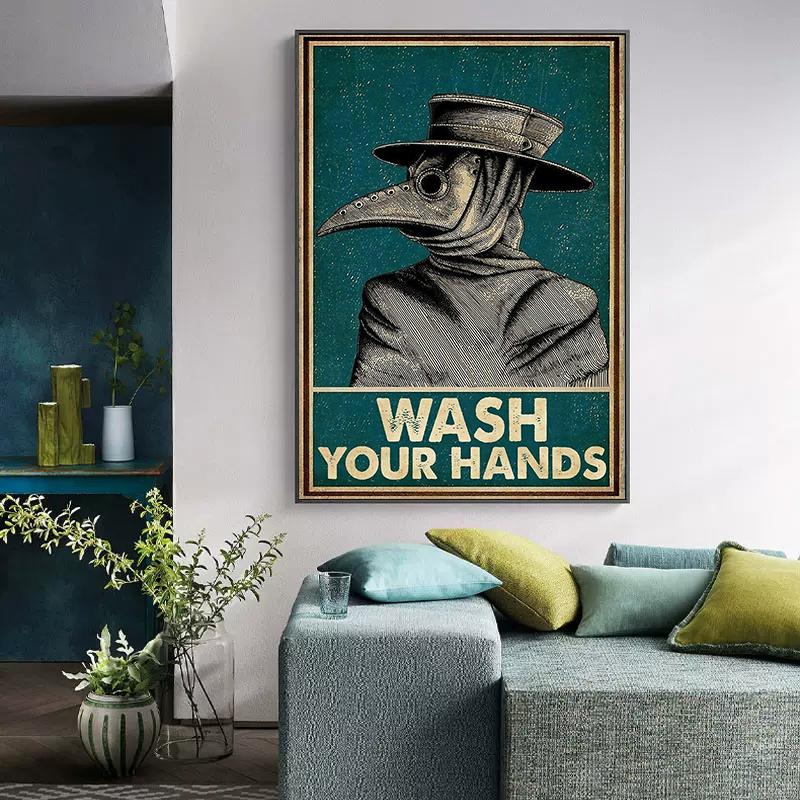 Plague Doctor Wash Your Hand Bathroom Poster Canvas Painting Retro Public Health Wall Art For Toilet Office Room Home Decoration