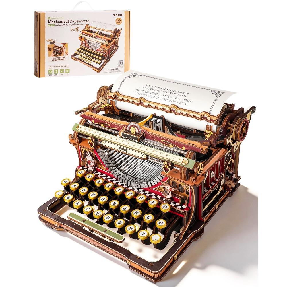 ROKR 3D Wooden Typewriter Puzzle – Black and Gold Mechanical Model Kit, DIY Toy, Vintage Decoration, Adult Collectible Gift