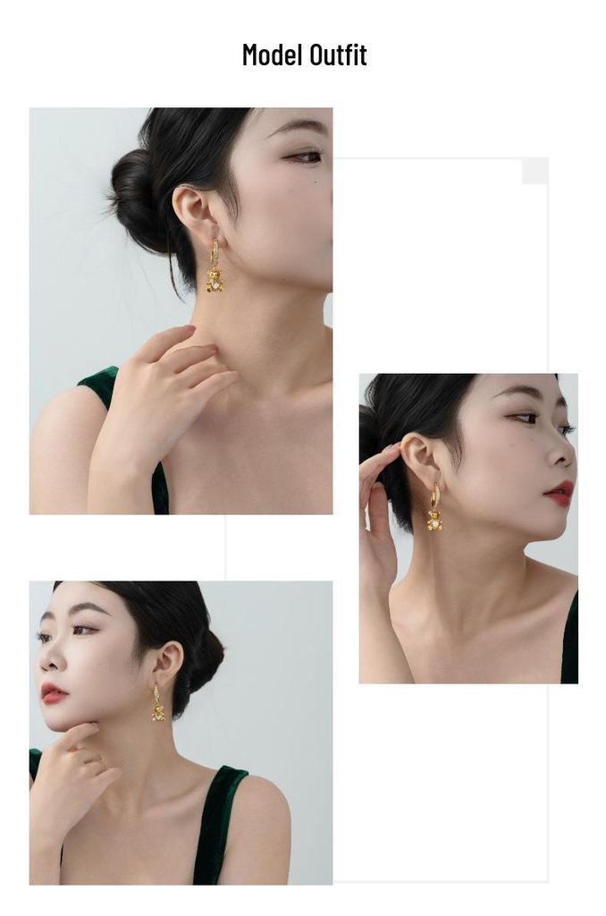 Charming Heart Crystal Bear Earrings: 3D Panda Rhinestone Ear Cuffs for Women