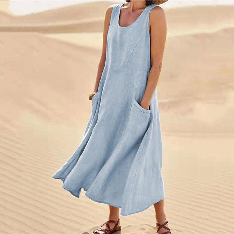 Wish2025 Summer Women's Sleeveless Cotton Linen Dress - European & American Style with Pockets