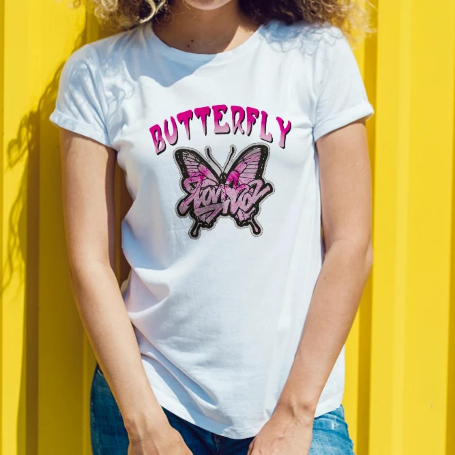 Women s round neck butterfly print T-shirt, casual and fashionable, spring and summer women s T-shirt, writing individual beauty S