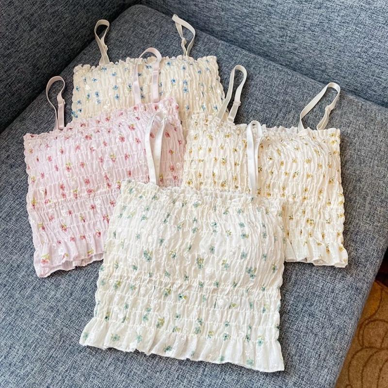 Summer Floral Suspender Women with Chest Pad Chic Small Interior Design Feeling Pleated Top