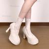 Autumn Winter 11CM High Heel Pumps for Women Platform Fur Shoes Women's Warm Chunky Heel Slip-on Fashion Footwear Beige Size34
