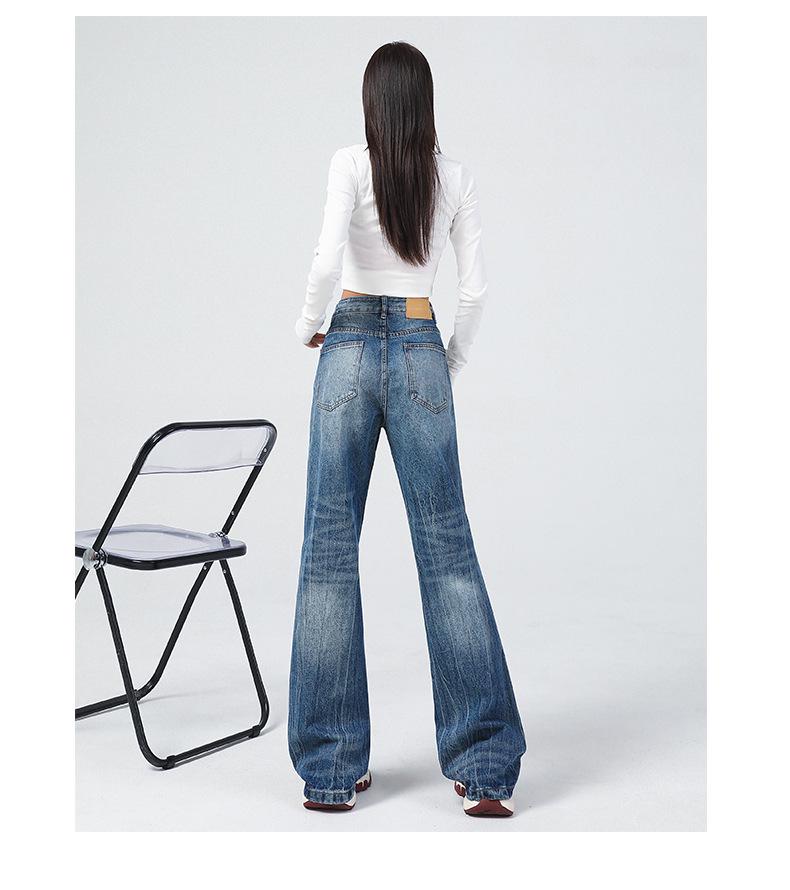 Women's 2024 Autumn/Winter Retro Blue High-Waisted Slim-Fit Micro-Flare Jeans