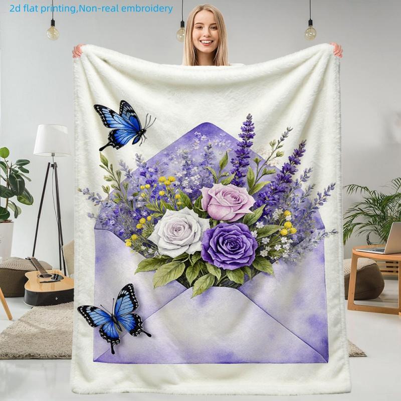 1pc Floral Print Blanket, Purple Roses and Blue Butterflies Design, Multiple Sizes Available, Suitable for Living Room, Bedroom, Study, Office, Balcon