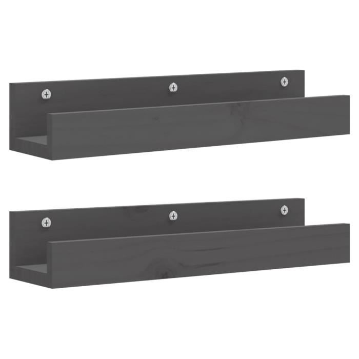 823586 vidaXL Étagères murales 2 pcs Gris 50x12x9 cm Bois de pin massif