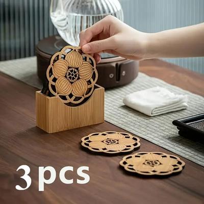 3/6pcs Elegant Bamboo Coaster Set With Floral Design Anti-Scald, Thermal Insulation, Non-Slip Tea Cup Mats For Dining Table For Kung Fu Tea Ceremonies