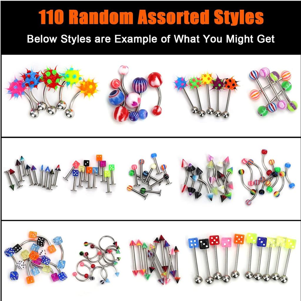 110PCS Joyería Corporal Piercing Ceja Ombligo Vientre Lengua Labio Barra Anillo