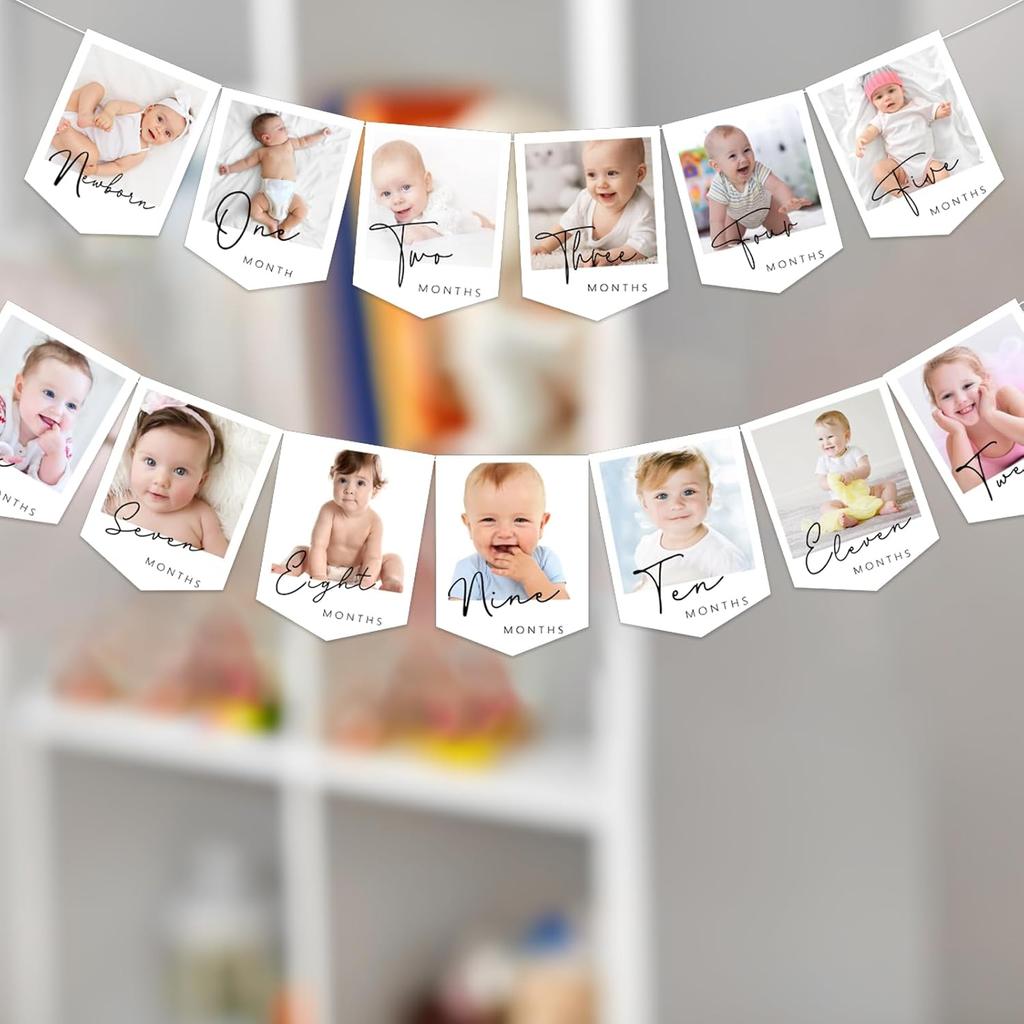 2Pcs 1st Birthday Baby Photo Banner for Newborn To 12 Months Monthly Milestone Photograph Bunting Garland Gender Neutral Picture Display Garlands for
