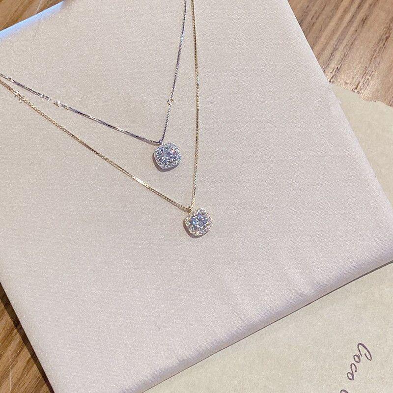 Elegant S925 Sterling Silver Diamond Square Necklace for Women – Luxurious Clavicle Chain Design