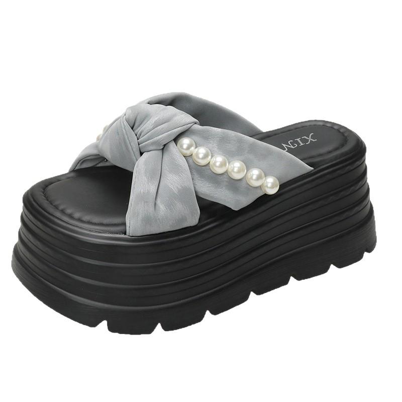 2025 Spring and Summer New Cool Slippers Muffin Thick Bottom Small Man Height Increase Bow Pearl Super High Thick Bottom Fashion Drag
