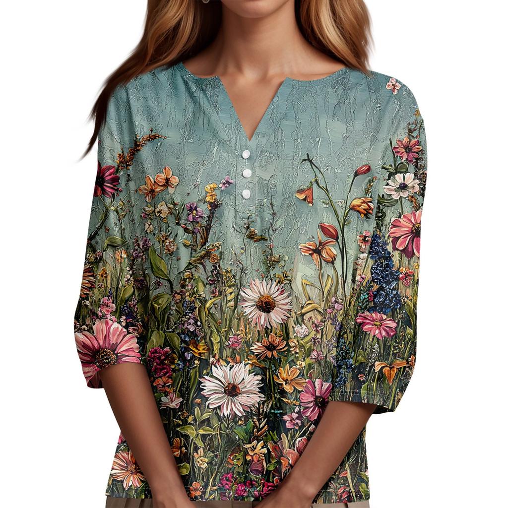 Women's T Shirt Tee Print Button  3/4 SleeveDaily Weekend Fashion Basic V- Neck Regular Top