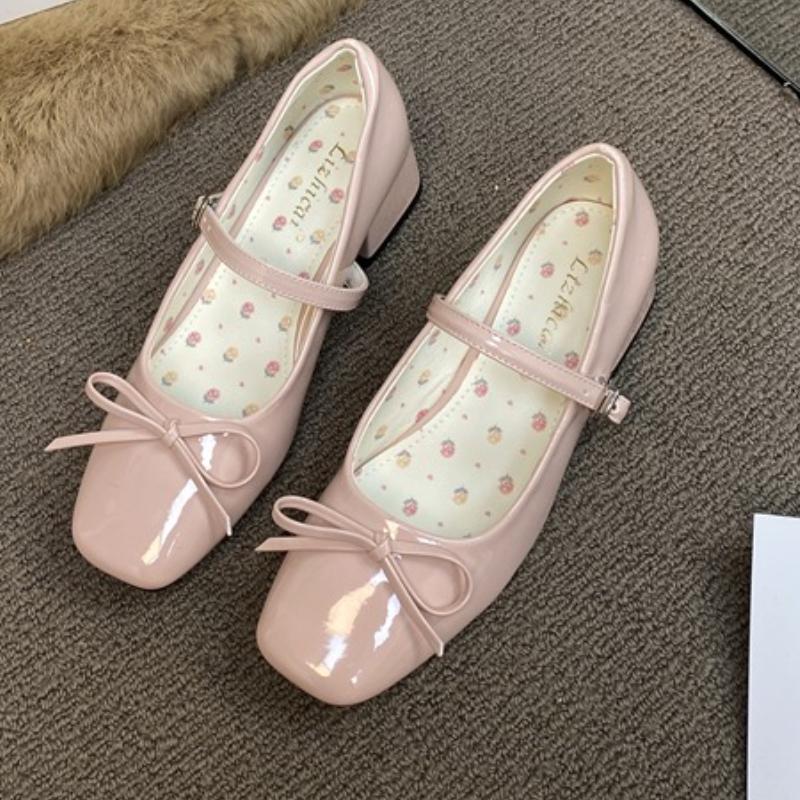 Elegant Girl Lolita Thick Heel Bow One-word Buckle Mary Jane Shoes Red Patent Leather High Heel Round Head Single Shoes Women