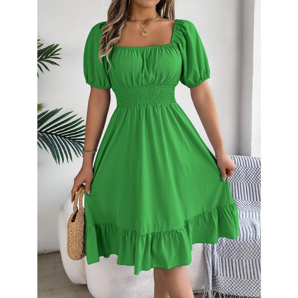 GMXIA Spring and Summer Casual Square-neck Short-sleeved, Waist-cinched, Ruffled A-line Skirt Women's Clothing