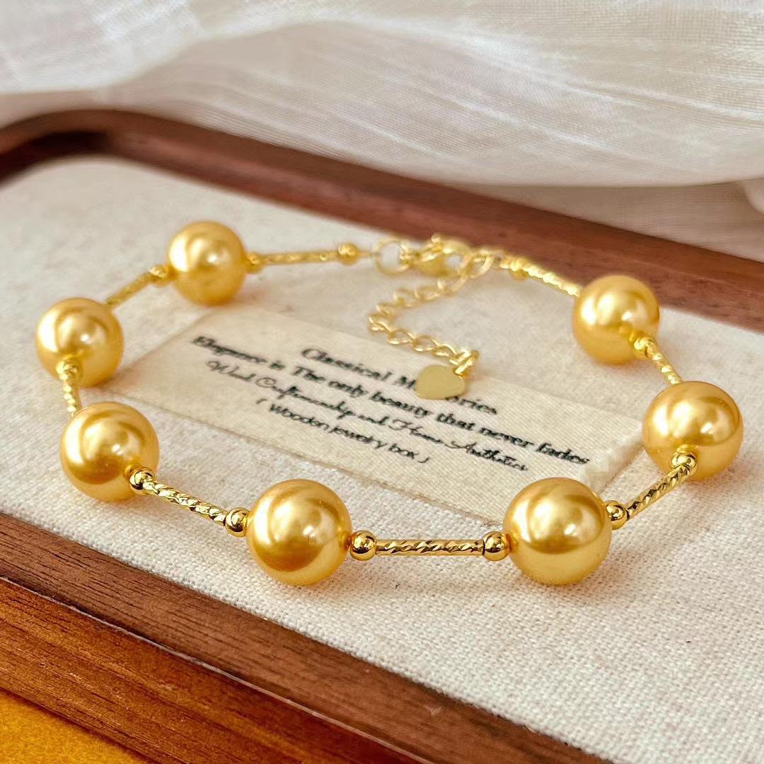Vintage Warm Autumn Maillard Style Artificial Crystal Gold Bead Pearl Bracelet Gypsy Star Bracelet.