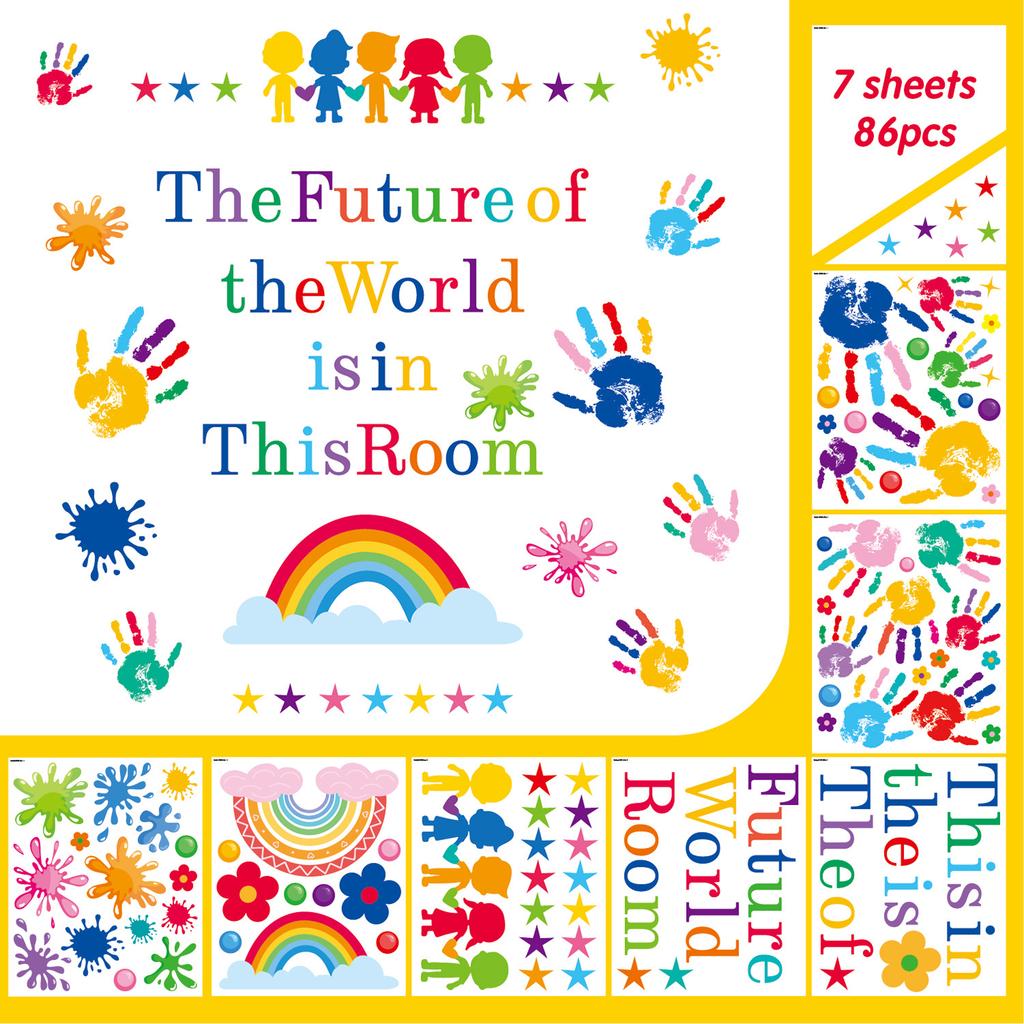 Colorful Handprint Wall Stickers Splash Water Rainbow Classroom Children's Room Starts School Season
