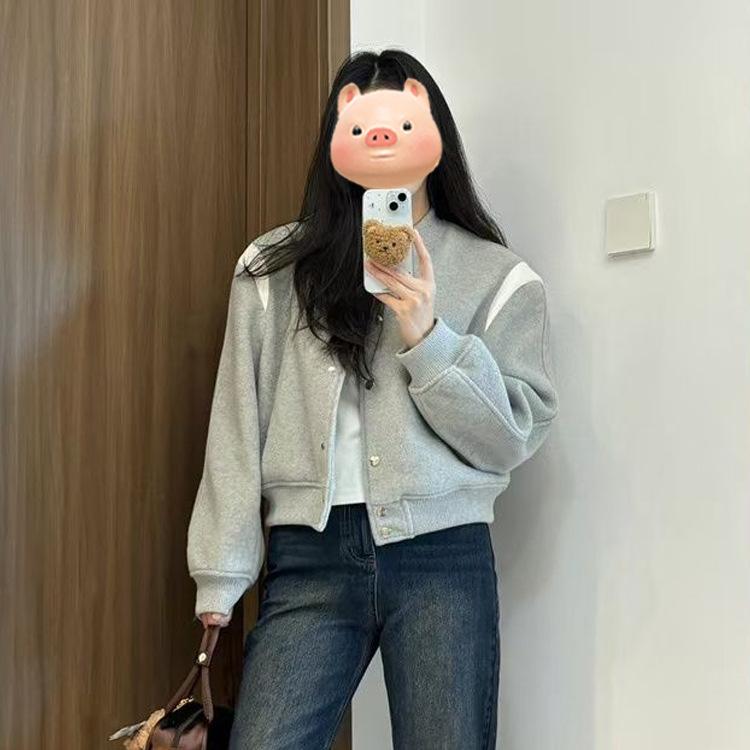Women s Petite Gray French-Style Loose Baseball Jacket - Autumn/Winter 2025 Collection 2XL