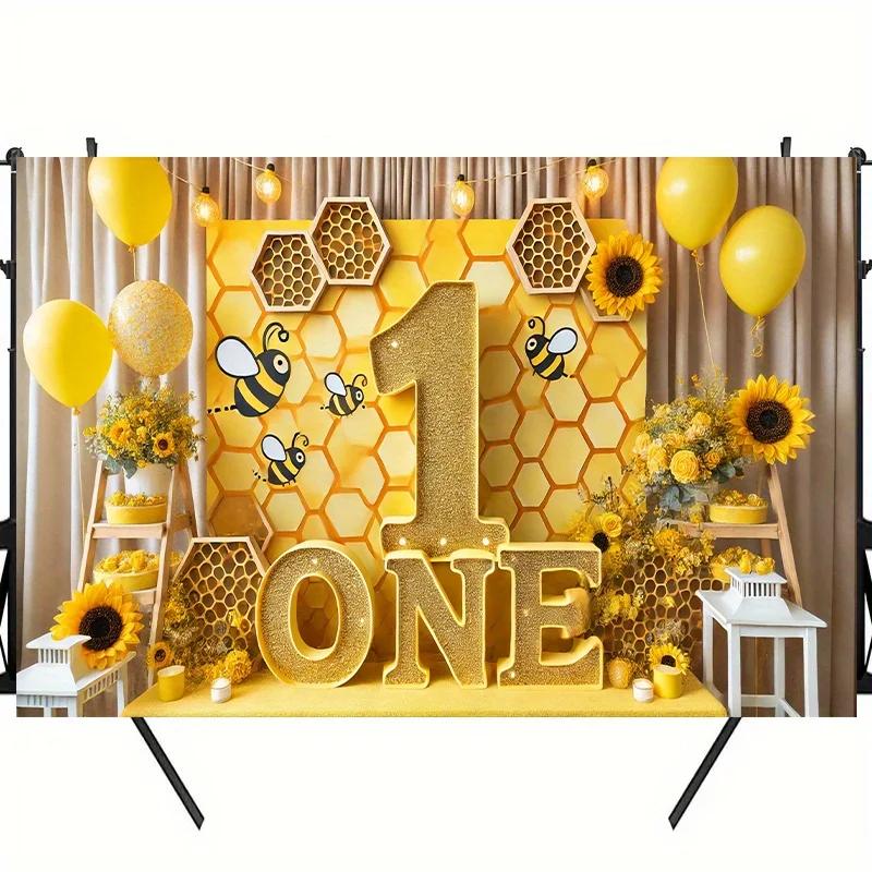 1pz Sfondo Festa di Compleanno Ape e Girasole - "1" Dorato con api e fiori per giardino di casa e celebrazioni di anniversario