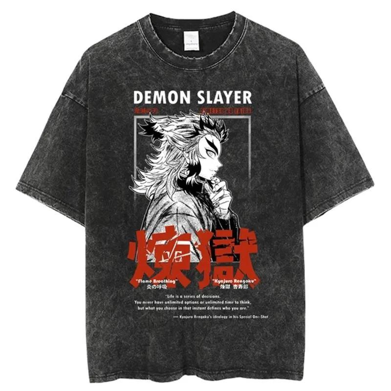 Hot Japan Anime Demon Slayer Rengoku Kyoujurou Manga Graphic Print T-Shirt Men Women Vintage Washed Harajuku Fashion Cotton Loose Casual Oversized Top