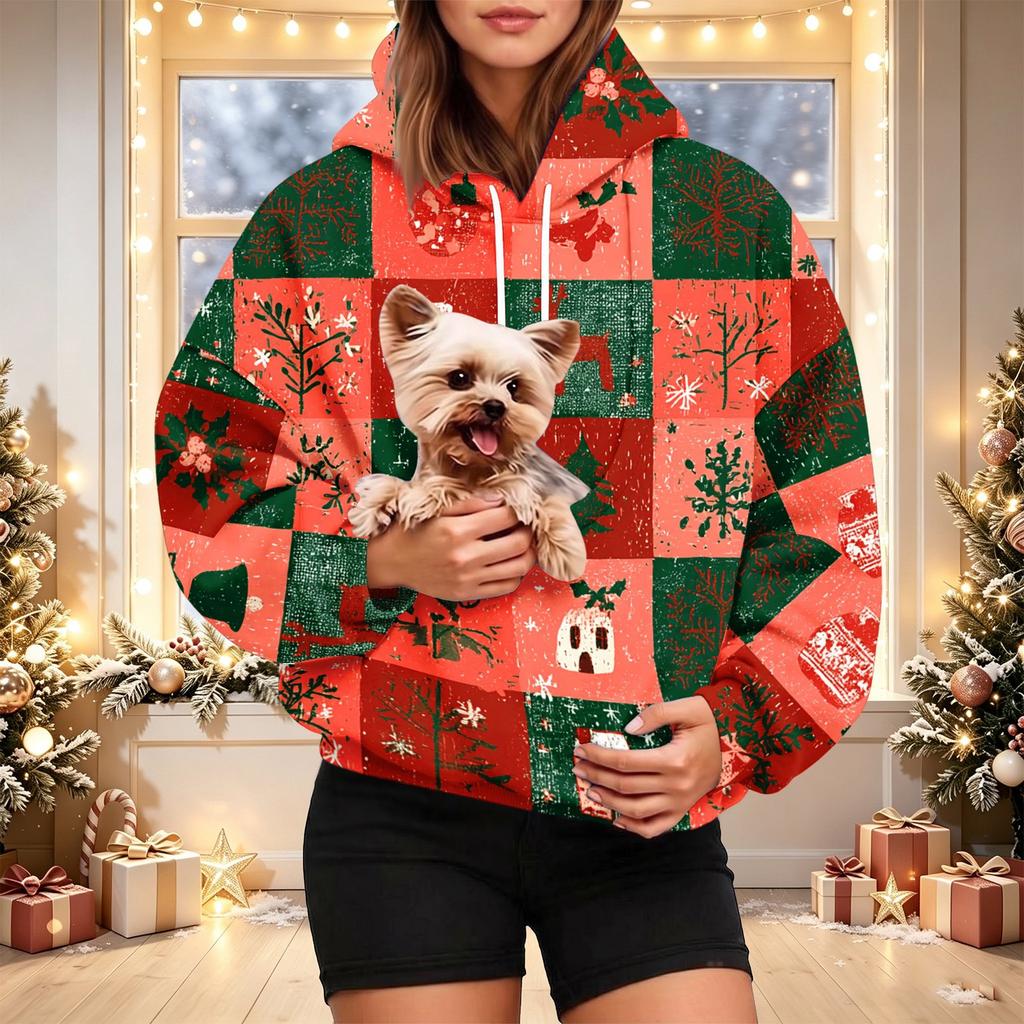 Damen Mode Weihnachtsdruck Hoodie mit Haustier-Tasche, Lässiger Pullover für Feiertagskleidung