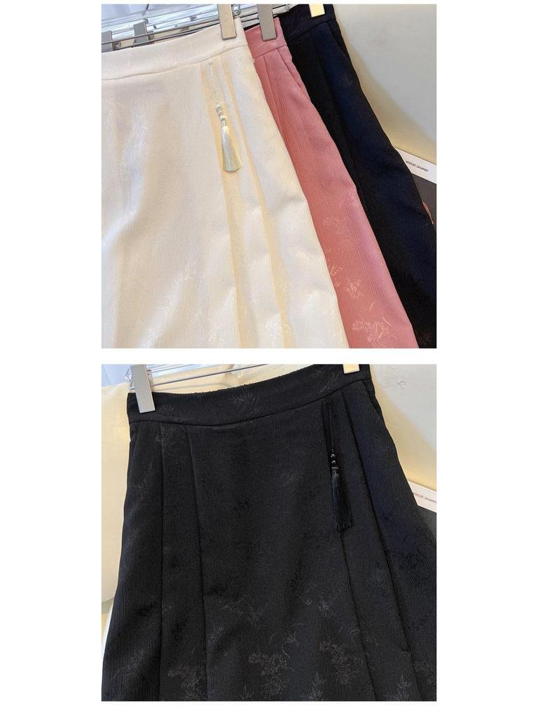 Chinese Mamian Pleated High-Waisted A-line Midi Skirt - Summer Style