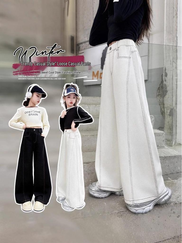 Girls' Wide-Leg Jeans - Fashionable Autumn Scimitar Pants for Middle Schoolers.