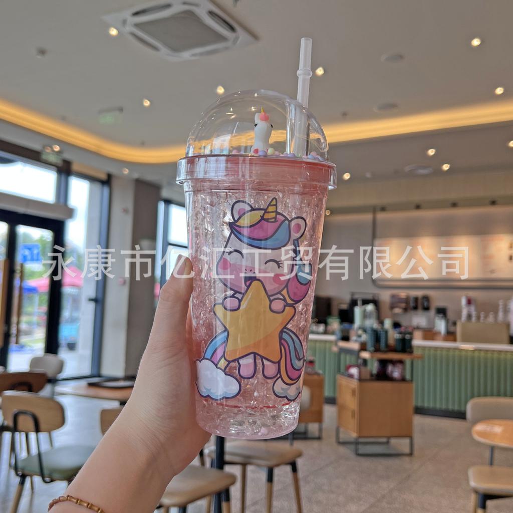New High-value Unicorn Straw Cup,Portable Cartoon Plastic Water Cups, Double-layer Glitter Crushed Ice Cup, Holiday Gift Tea Cup