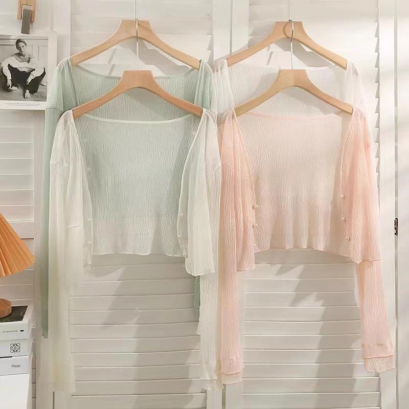 

Модное тонкое пальто с длинным рукавом, однотонный кардиган, милые топы с солнцезащитным кремом в сказочном стиле с бисером чёрный