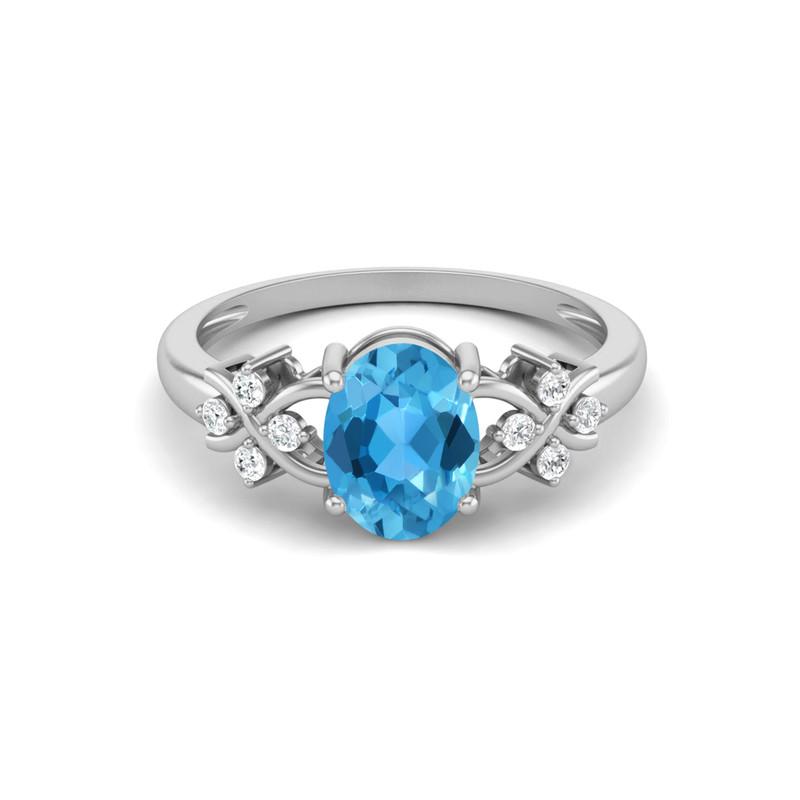 8X6MM Oval Swiss Blue Topaz Gemstone 925 Sterling Silver Solitaire Vine-Inspired Women Wedding Ring