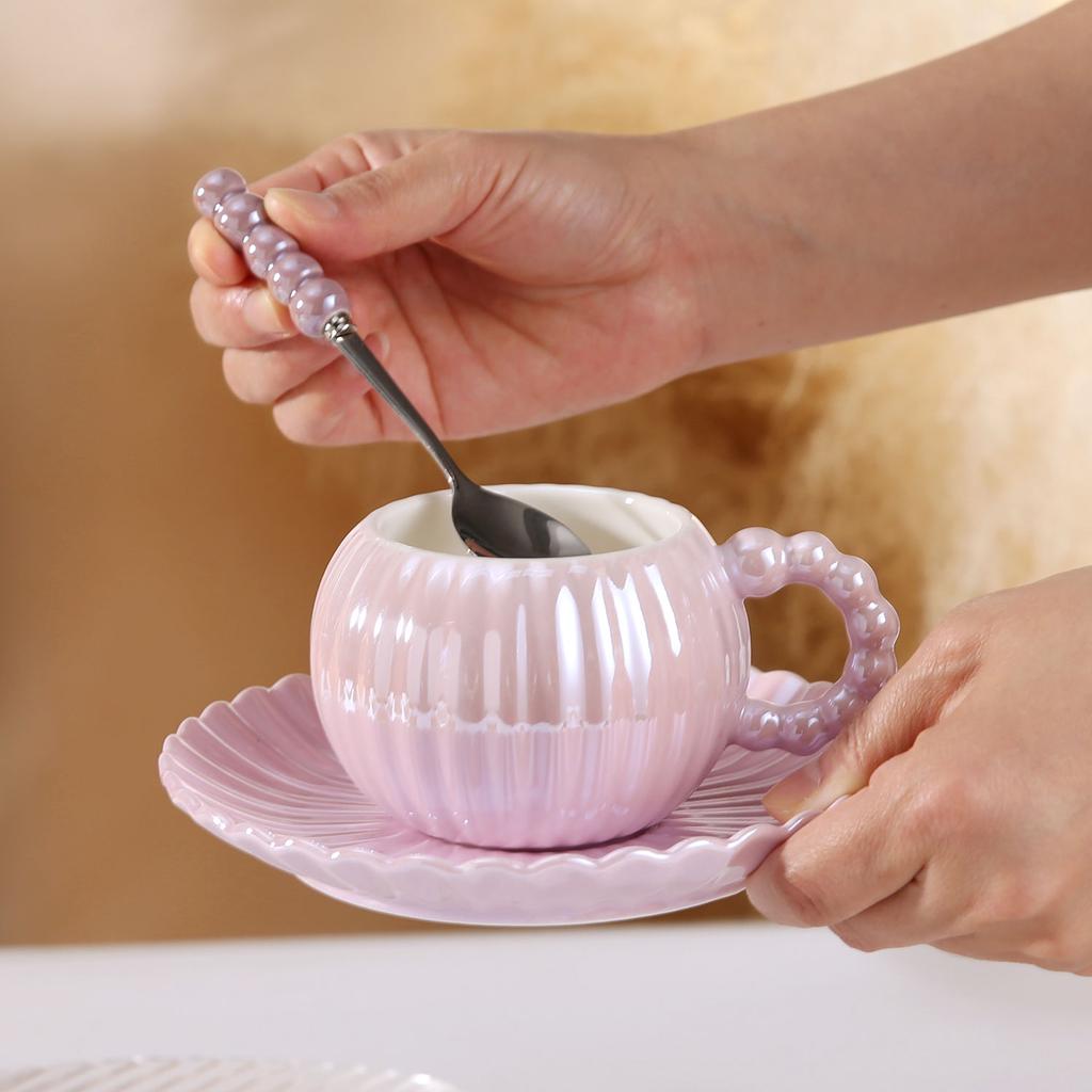Light Luxury Creative Ceramic Coffee Cup Saucer Set Ins Pearlescent Glaze Ceramic Afternoon Tea Cup Saucer Set Cup with Spoon