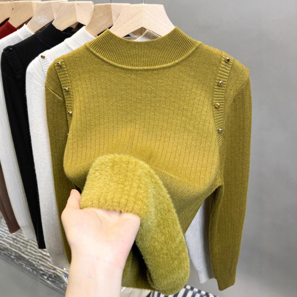 Fleece semi-turtleneck sweater women's integrated fleece thickened bottoming shirt autumn and winter new knitted sweater with top tide