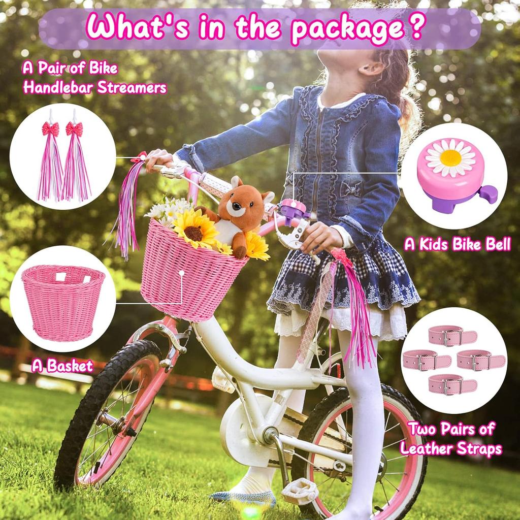 Kids Bike Basket, Bike Basket Front Bike Accessories for Girl Boys, Woven Bicycle Basket with Stickers, Bike Bell, Windmill, and 1pairs Colorful