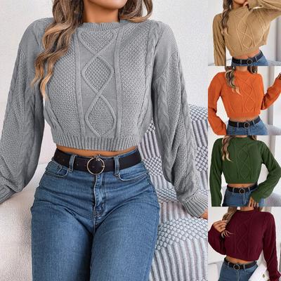 Damen Lässiger Einfarbiger Verdrehter Langarm Cropped Pullover Pullover