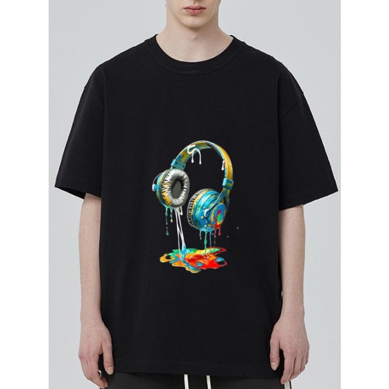

Black T Shirt with Colorful Headphone Art Print for Casual Wear XXXXL чёрный