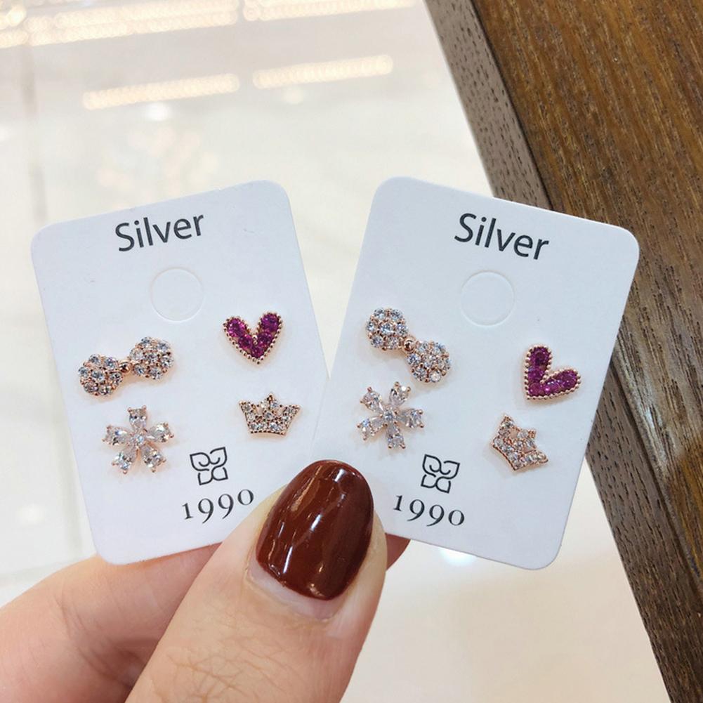 4 Pcs/set Fashion Simple Bowknot Crown Heart-shaped Flower Ear Studs Set