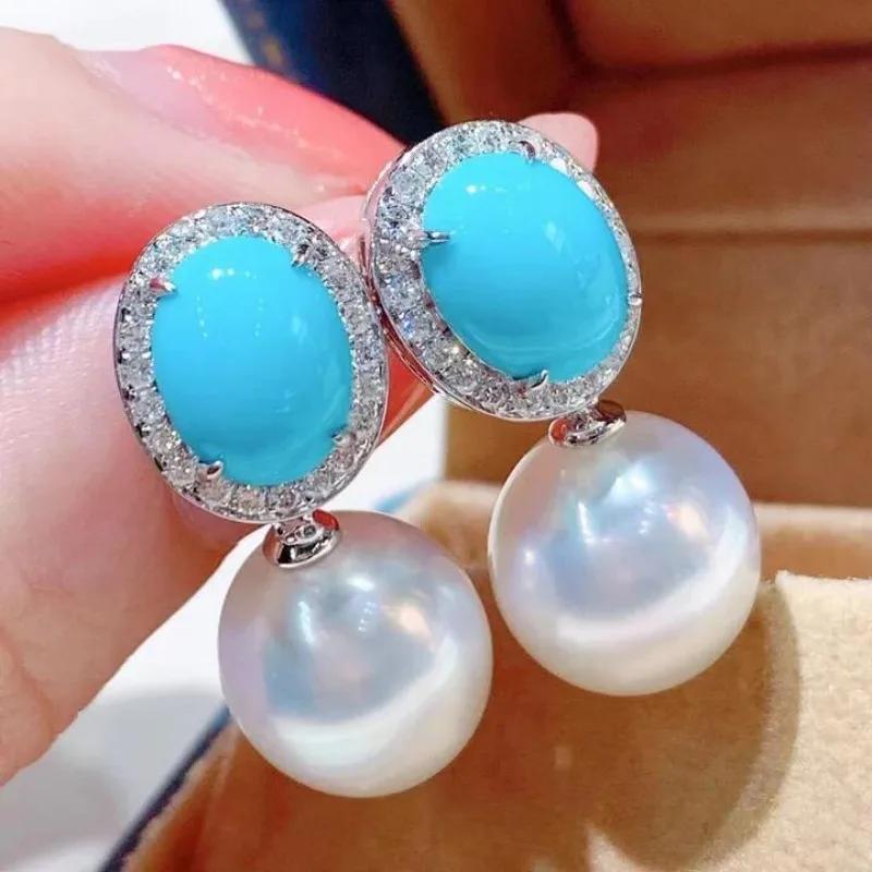 Luxus Runde Imitation Perlen Ohrringe für Damen Silberfarbenes Metall Eingelegt Blauer Stein Zirkon Hängende Ohrringe Damen