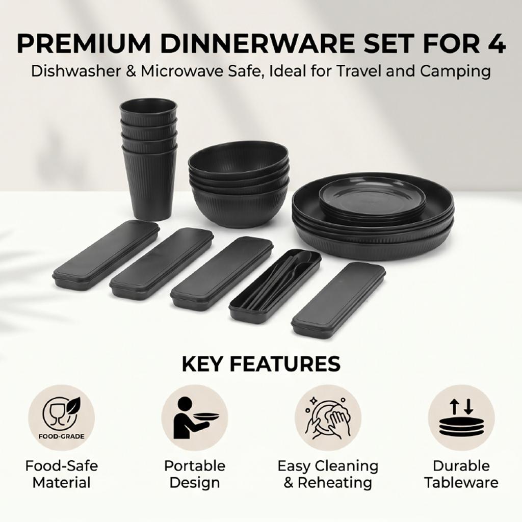 Dinnerware Set Service for 4 Dishwasher Microwave Safe Reusable PP Plates Bowls with Cutlery Set for Travel Camping